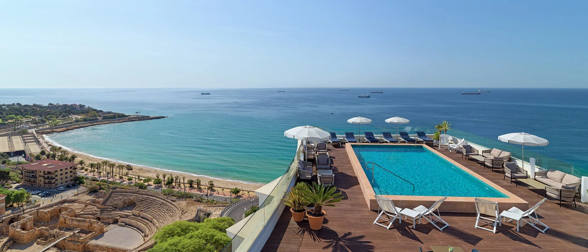Panoramic view from H10 Imperial Tarraco over the Roman amphitheatre and Mediterranean Sea